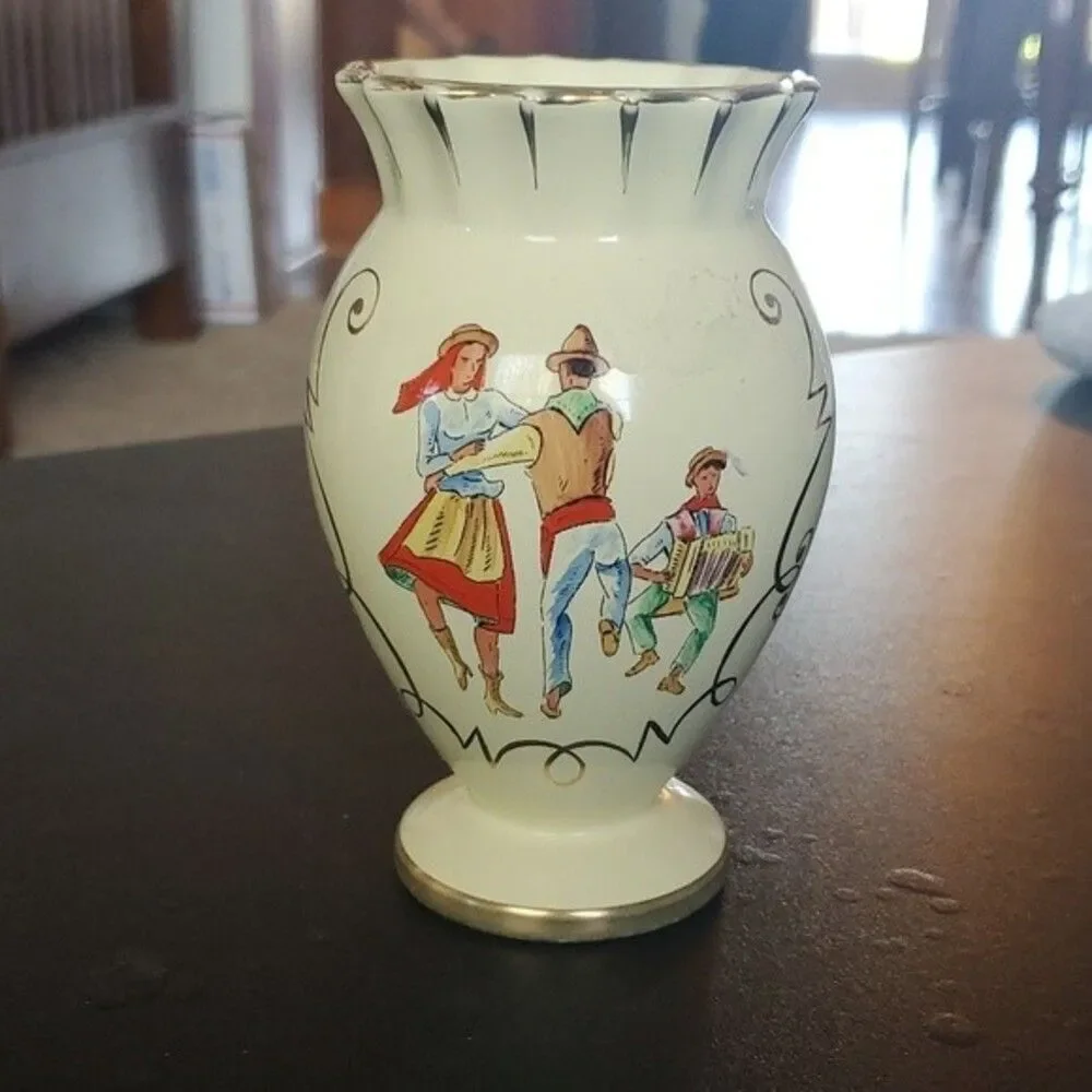 Rare VTG Portugal Folk Art Vase | Accordion Dancers Scalloped Gold Rim